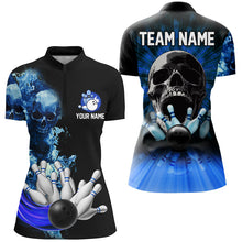 Load image into Gallery viewer, Blue Flame Skull Bowling Polo, Quarter Zip Shirts For Women Custom Bowling Team League Jerseys outfits NQS8654