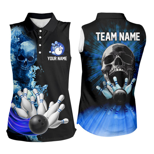 Blue Flame Skull Bowling sleeveless polo Shirts For Women Custom Bowling Team League Jerseys outfits NQS8654