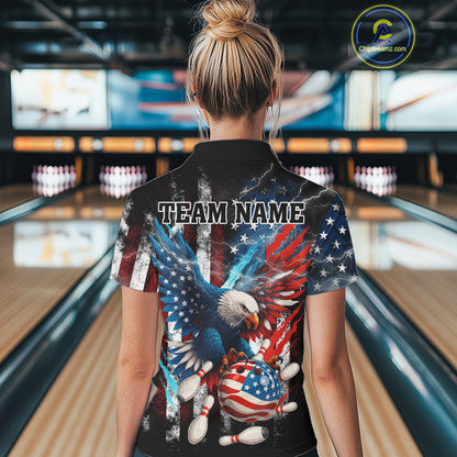 Personalized American Flag Eagle Lightning Thunder Women Bowling Team Shirts, Patriotic Bowling Gift NQS10834