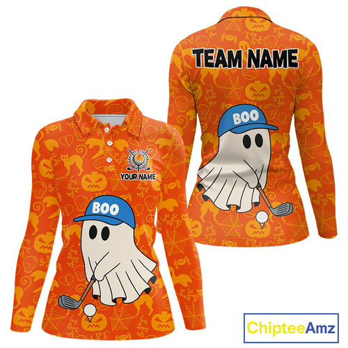 Personalized Funny Halloween Boo Orange Pattern Women Golf Polo Shirts, Halloween ladies Golf Attire NQS10837