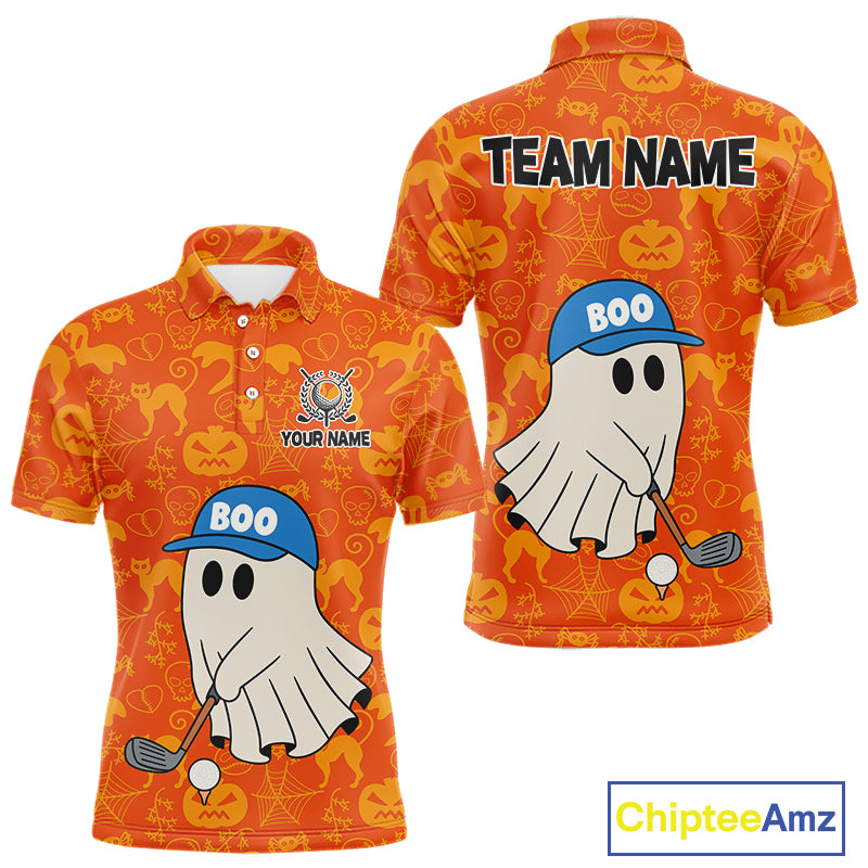 Personalized Funny Halloween Boo Orange Pattern Golf Polo Shirts For Men, Halloween Mens Golf Attire NQS10837