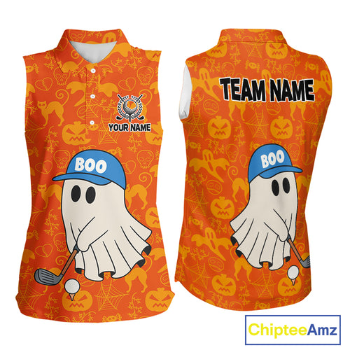 Personalized Funny Halloween Boo Orange Pattern Sleeveless Golf Polo Shirts, Halloween Golf Attire NQS10837