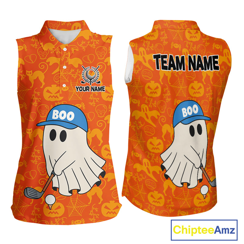 Personalized Funny Halloween Boo Orange Pattern Sleeveless Golf Polo Shirts, Halloween Golf Attire NQS10837