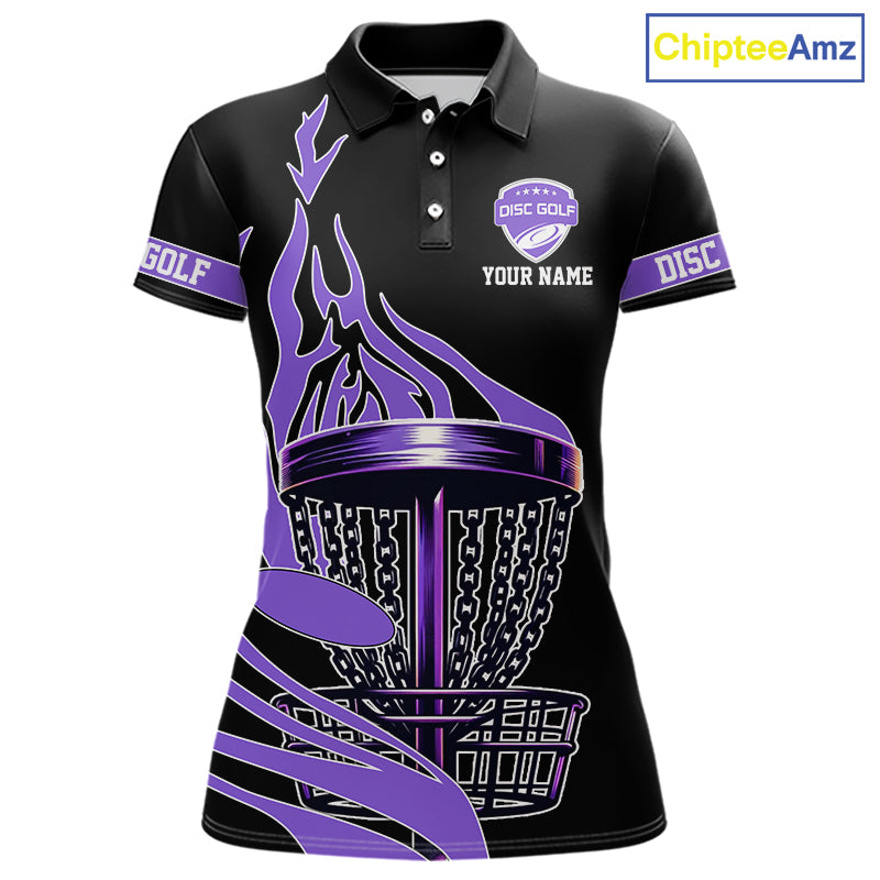 Black and Purple Flame Disc golf polo shirts For Women Custom disc golf outfit, disc golf gifts NQS10842