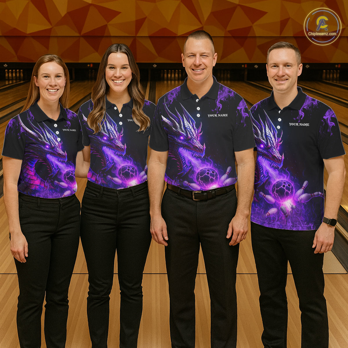 Black and Purple Flame Dragon Bowling Polo, 1/4 Zip Shirts For Men Custom Dragon Bowling Team Jerseys NQS11211