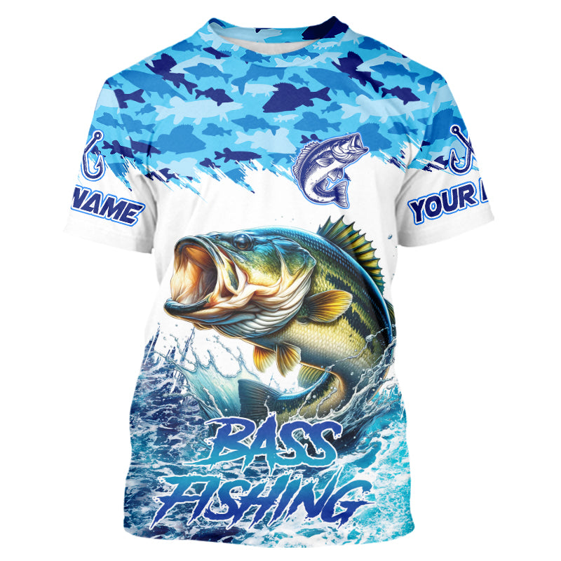 Bass fishing Blue ocean camo Custom UV protection fishing long sleeve shirt, Bass Fishing jerseys NQS9341