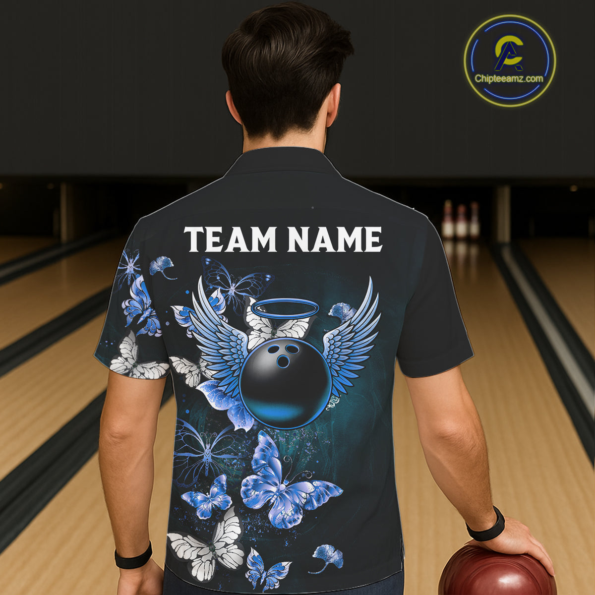 Custom Blue Butterfly Bowling Button-up Shirt, Bowling Team Shirt With Butterflies NQS11612