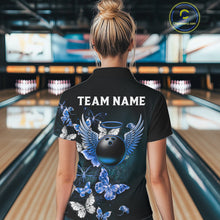 Load image into Gallery viewer, Custom Blue Butterfly Bowling 1/4 zip, Polo Shirt For Women, Bowling Team Shirt With Butterflies NQS11612