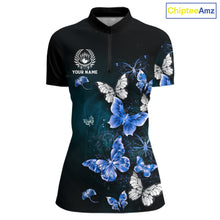 Load image into Gallery viewer, Custom Blue Butterfly Bowling 1/4 zip, Polo Shirt For Women, Bowling Team Shirt With Butterflies NQS11612