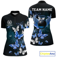 Load image into Gallery viewer, Custom Blue Butterfly Bowling 1/4 zip, Polo Shirt For Women, Bowling Team Shirt With Butterflies NQS11612