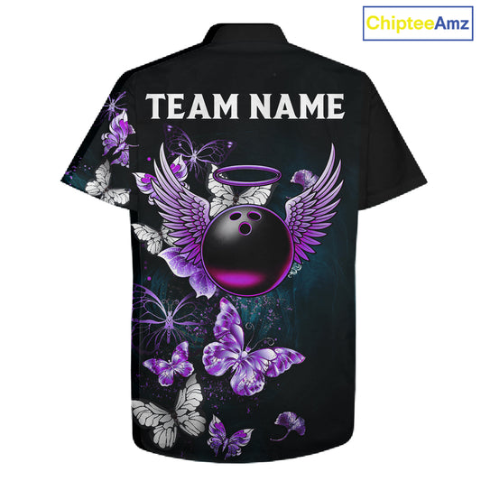 Custom Purple Butterfly Bowling Button-up Shirts, Hawaiian Bowling Team Shirt With Butterflies NQS11613