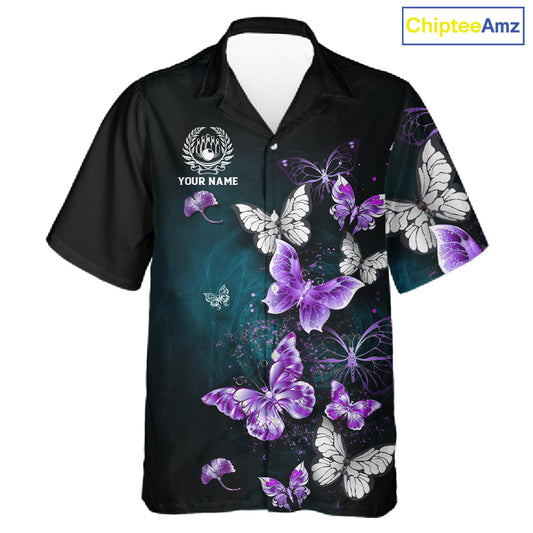 Custom Purple Butterfly Bowling Button-up Shirts, Hawaiian Bowling Team Shirt With Butterflies NQS11613