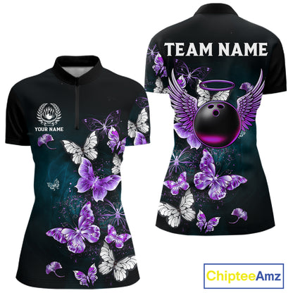 Custom Purple Butterfly Bowling Polo, 1/4 zip jerseys For Women, Bowling Team Shirt With Butterflies NQS11613