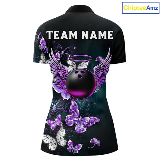 Custom Purple Butterfly Bowling Polo, 1/4 zip jerseys For Women, Bowling Team Shirt With Butterflies NQS11613