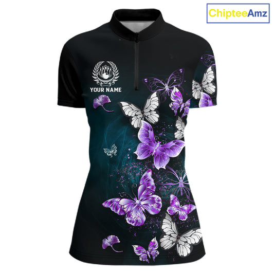 Custom Purple Butterfly Bowling Polo, 1/4 zip jerseys For Women, Bowling Team Shirt With Butterflies NQS11613