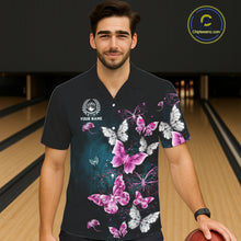 Load image into Gallery viewer, Custom Pink Butterfly Bowling Button-up Shirts, Hawaiian Bowling Team Shirt With Butterflies NQS11614