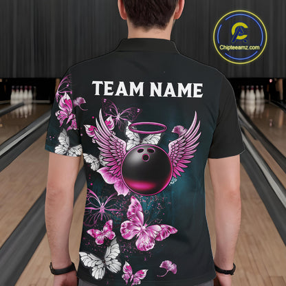 Custom Pink Butterfly Bowling Polo, 1/4 zip jerseys For Men, Bowling Team Shirt With Butterflies NQS11614