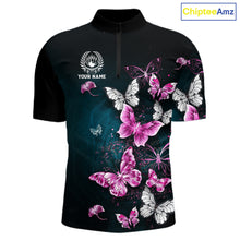 Load image into Gallery viewer, Custom Pink Butterfly Bowling Polo, 1/4 zip jerseys For Men, Bowling Team Shirt With Butterflies NQS11614