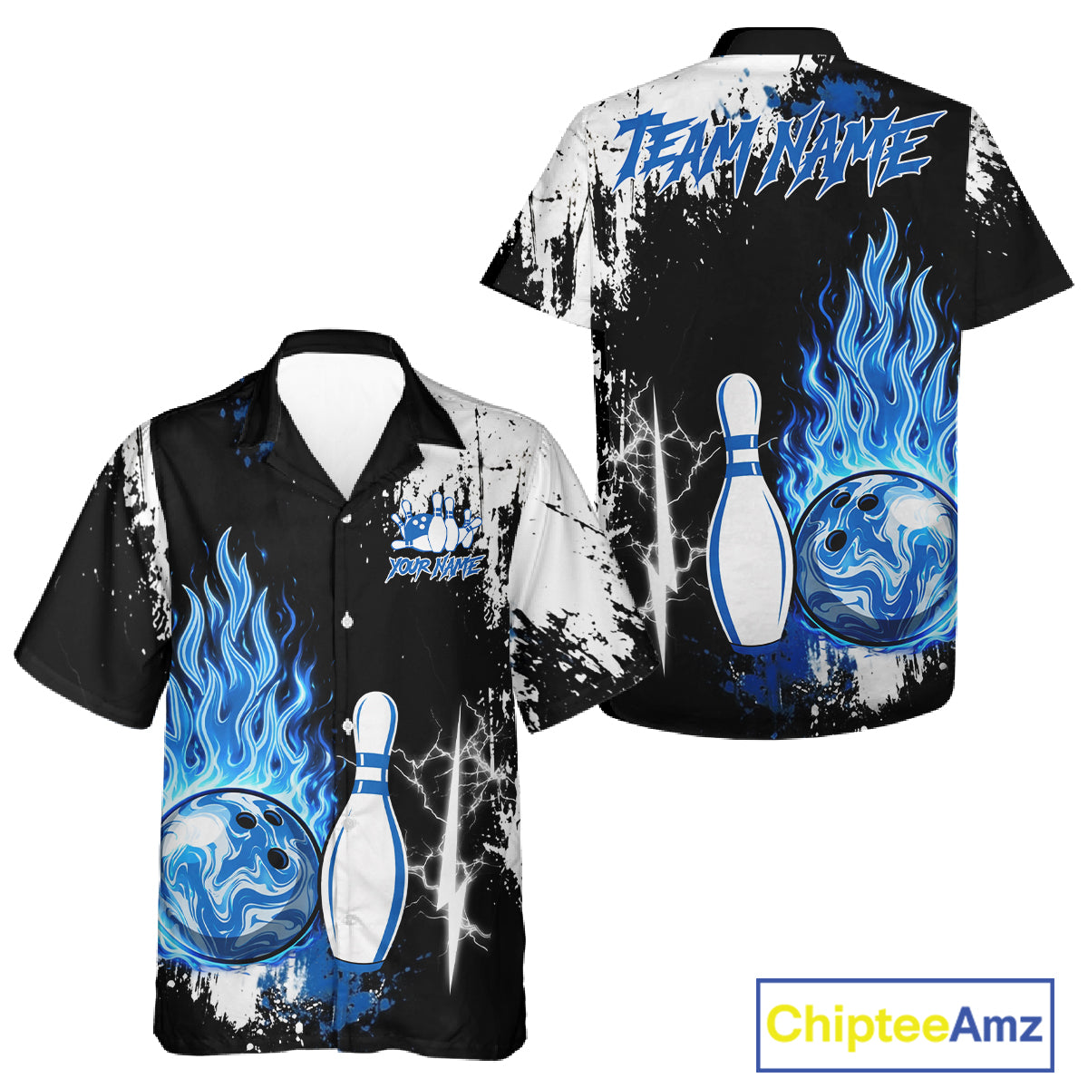 Custom Blue Flame Lightning Thunder Bowling Button-up shirt, black and white bowling team jerseys NQS11617