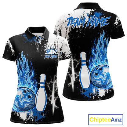 Custom Blue Flame Lightning Thunder Bowling shirts for Women, black and white bowling team jerseys NQS11617