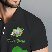 Load image into Gallery viewer, Green shamrock golf ball clubs Lucky Men polo golf shirts Custom St Patrick Day black team golf jersey NQS9644