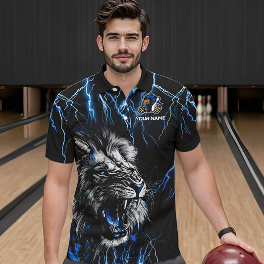 Black and Blue Lightning Thunder Lion Bowling Shirt For Men Custom Lion Bowling Team Jerseys NQS9645