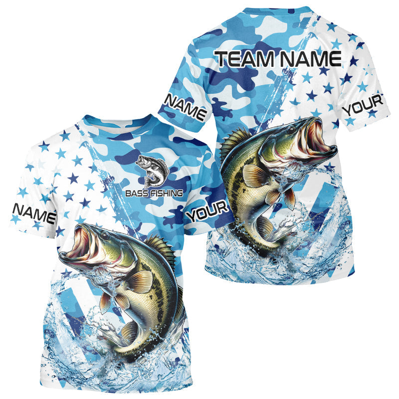 Blue Camo American Flag Bass Fishing Custom Long Sleeve Fishing Shirts Personalized Bass Fishing Gifts NQS9647