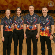 Load image into Gallery viewer, Black &amp; Orange Flame American Flag Eagle Bowling Shirt For Women Custom Patriotic Bowling Team Jersey NQS11722