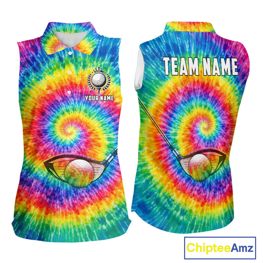 Colorful rainbow tie-dye Sleeveless golf polo shirt custom Ladies golf outfit, personalized golf gift NQS11724