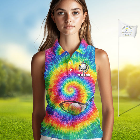 Colorful rainbow tie-dye Sleeveless golf polo shirt custom Ladies golf outfit, personalized golf gift NQS11724