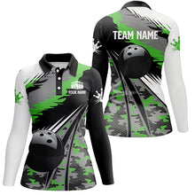 Load image into Gallery viewer, Womens bowling polo shirts Custom black ball green camo Bowling Team Jersey, gift for Bowlers NQS5422