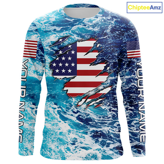 Blue sea wave ocean camo American flag patriot shirt Custom sun protection fishing long sleeve shirts NQS5429