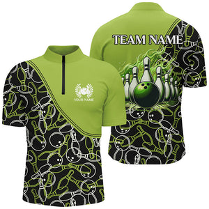 Bowling shirts for men custom name, team name Green camo Bowling Ball and Pins, team bowling jerseys NQS7782