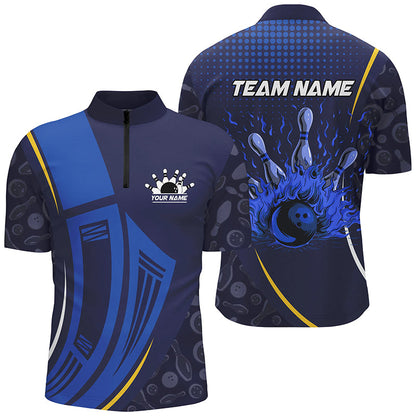 Blue camo Flame Bowling Polo, Quarter Zip shirts for men custom team bowling jerseys NQS7785