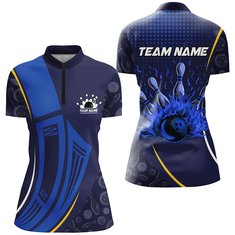 Blue camo Flame Bowling Polo, Quarter Zip shirts for women custom ladies team bowling jerseys NQS7785