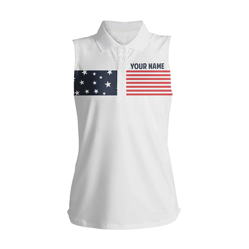 American flag white Womens sleeveless polo shirt custom patriotic golf tops for womens, golf gifts NQS5893