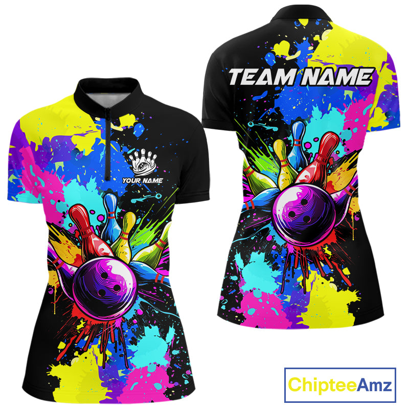 Colorful bowling jerseys Bowling Polo, 1/4 Zip Shirt for Women Custom Bowling Team shirt for bowlers NQS10240