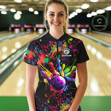 Load image into Gallery viewer, Colorful watercolor Bowling Polo, 1/4 Zip Shirt for Women Custom Bowling Team jersey for bowlers NQS10242