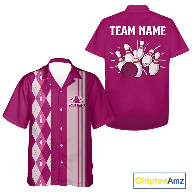 Retro Pink argyle pattern Bowling Hawaiian shirt custom bowling team jerseys Bowler Outfits NQS10403