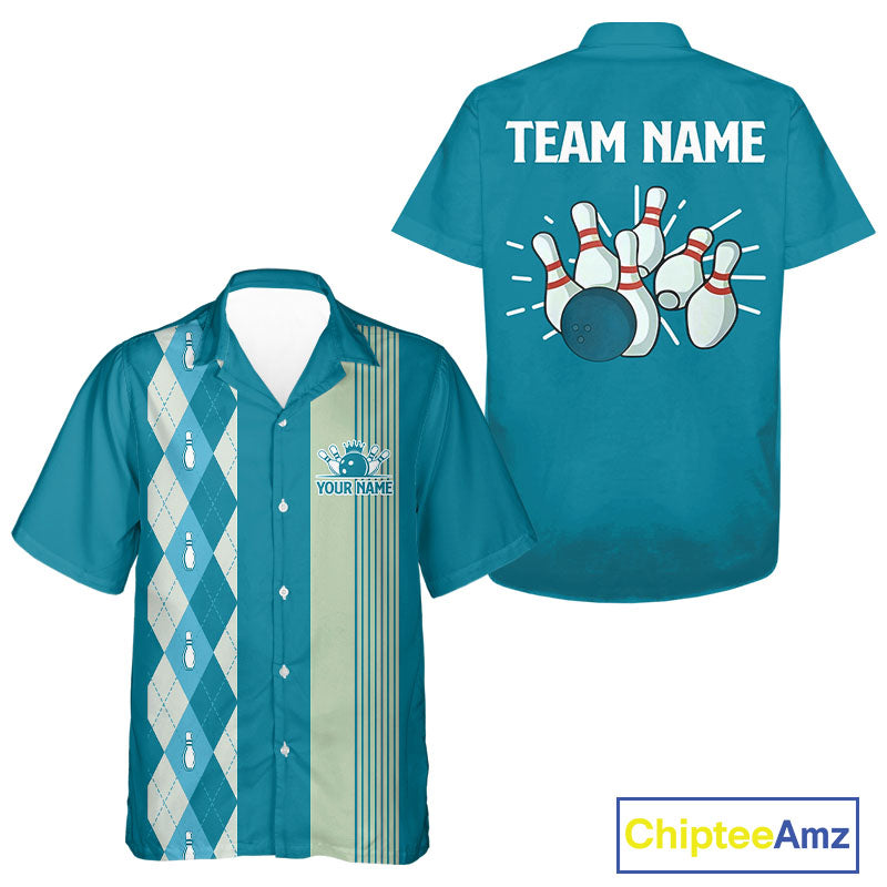 Retro Cyan Blue argyle pattern Bowling Hawaiian shirt custom bowling team jerseys Bowler Outfits NQS10404