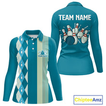 Load image into Gallery viewer, Retro Cyan Blue argyle pattern Bowling shirts For Women custom bowling team jerseys Bowler Outfits NQS10404