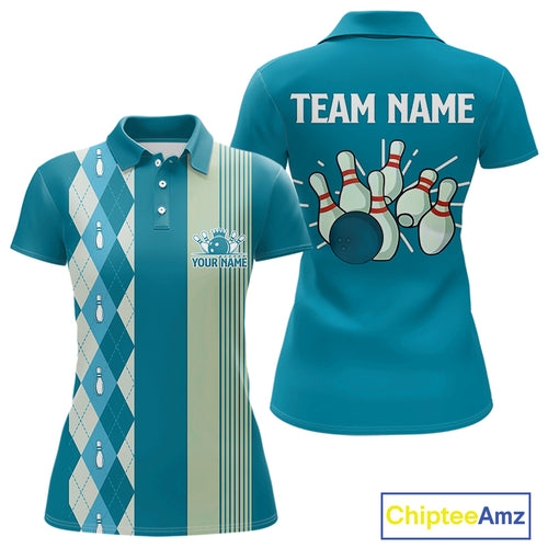 Retro Cyan Blue argyle pattern Bowling shirts For Women custom bowling team jerseys Bowler Outfits NQS10404