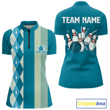 Load image into Gallery viewer, Retro Cyan Blue argyle pattern Bowling shirts For Women custom bowling team jerseys Bowler Outfits NQS10404