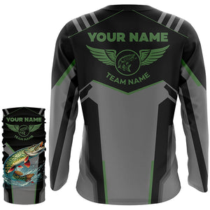 Personalized Black Northern Pike Fishing jersey, Team Pike Fishing Long Sleeve tournament shirt| Green NQS6318