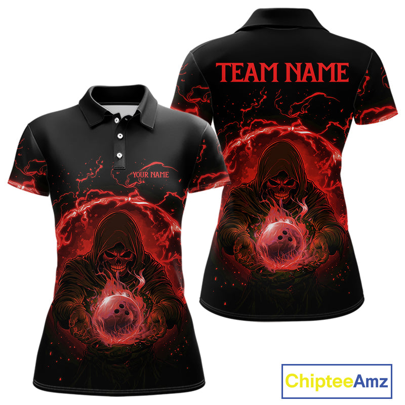 Women bowling polo, 1/4 zip shirts Custom red flame skull bowling team jerseys, gift for Bowlers NQS10612