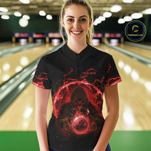 Load image into Gallery viewer, Women bowling polo, 1/4 zip shirts Custom red flame skull bowling team jerseys, gift for Bowlers NQS10612