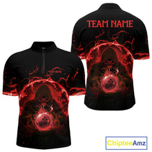 Load image into Gallery viewer, Mens bowling polo, 1/4 zip shirts Custom red flame skull bowling team jerseys, gift for Bowlers NQS10612