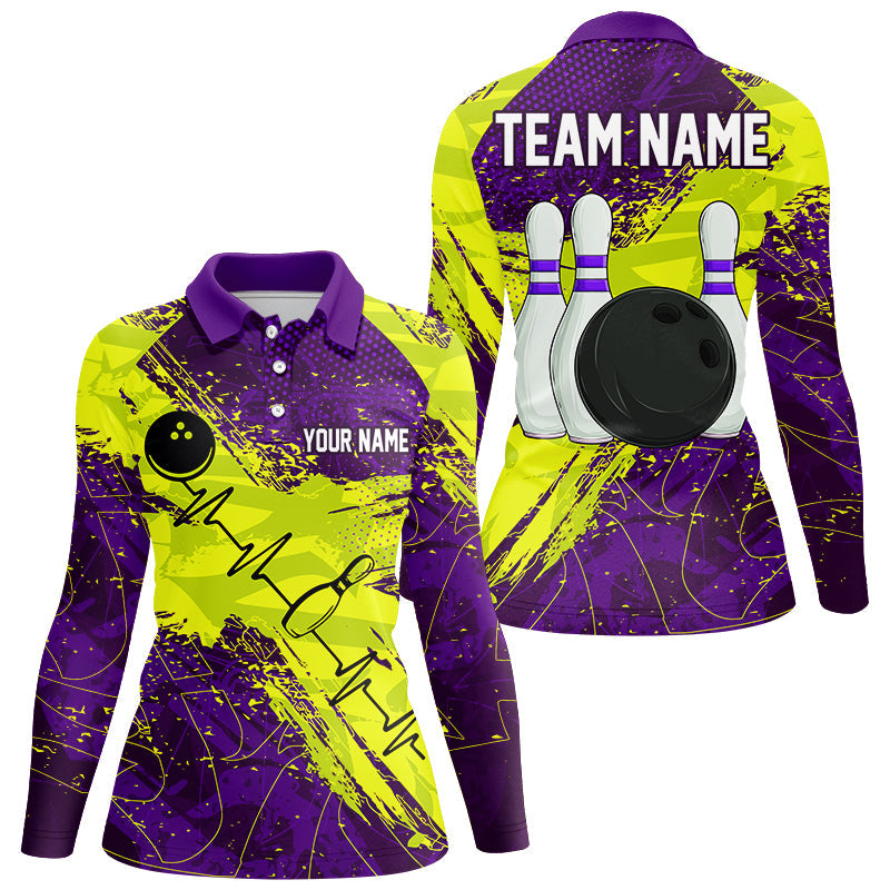 Yellow and Purple Grunge Camo Heartbeat Bowling Shirts For Women Custom Bowling Team Jersey NQS8670