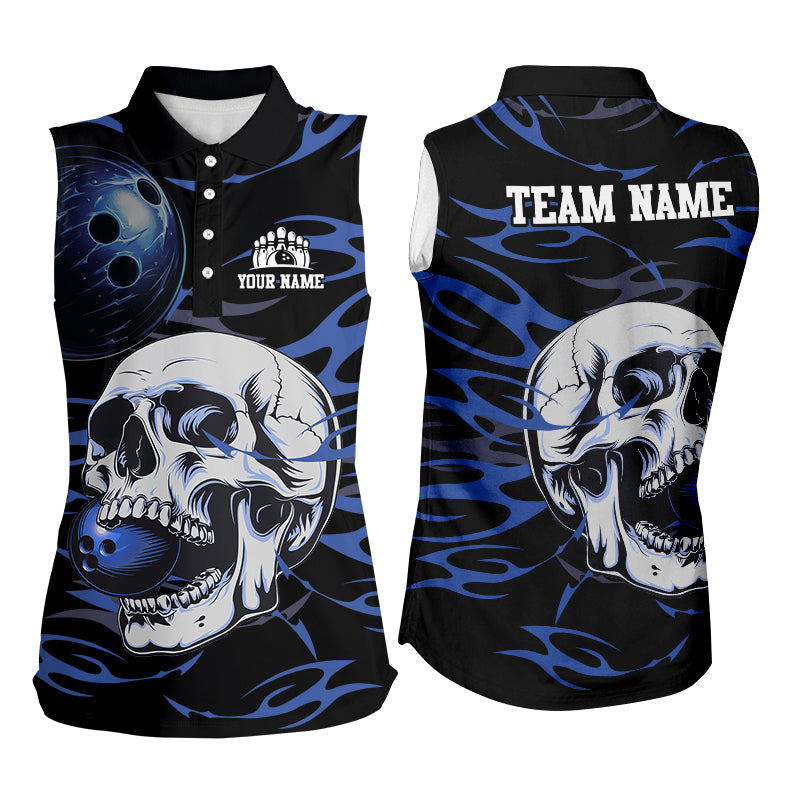 Black and Blue Skull Bowling Sleeveless Polo Shirt Custom Team Name Bowling Jerseys Bowlers Outfit NQS8891