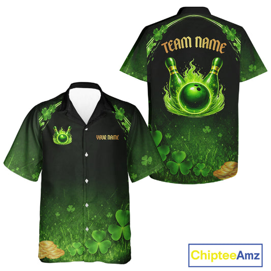 Green flame shamrock St Patrick's Day button-up bowling shirts custom team bowling league jerseys NQS11412